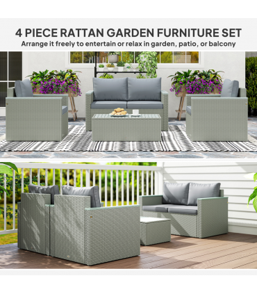 Outsunny 4 Piece Rattan Garden Furniture Set with Cushions, Light Grey