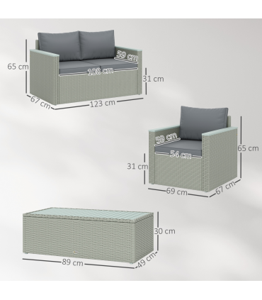 Outsunny 4 Piece Rattan Garden Furniture Set with Cushions, Light Grey
