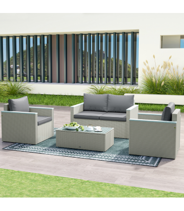 Outsunny 4 Piece Rattan Garden Furniture Set with Cushions, Light Grey