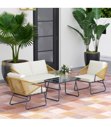 Outsunny 4 Piece Rattan Garden Furniture Set with Cushions, Natural