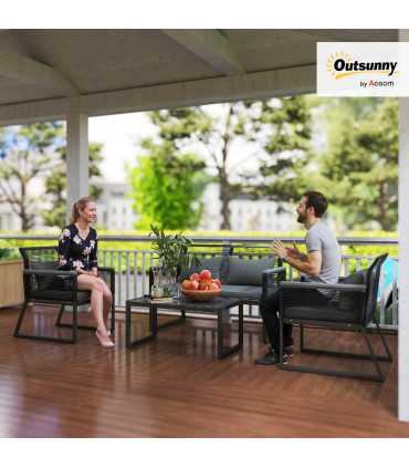 Outsunny 4 Pieces Rattan Garden Furniture Set for 4 Person, Charcoal Grey