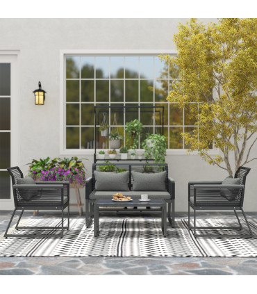 Outsunny 4 Pieces Rattan Garden Furniture Set for 4 Person, Charcoal Grey