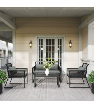 Outsunny 4 Pieces Rattan Garden Furniture Set for 4 Person, Charcoal Grey