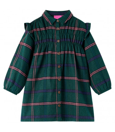 Kids' Dress with Long Sleeves and Ruffles Dark Green 140