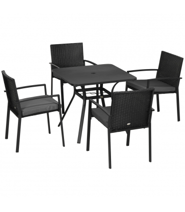 Outsunny 4 Seater Rattan Garden Dining Set Outdoor with Umbrella Hole - Black