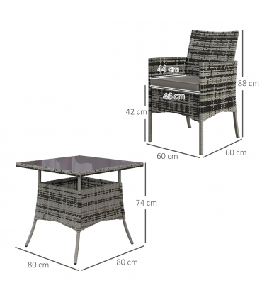 Outsunny 4 Seater Rattan Garden Furniture Set w/ Tempered Glass Tabletop - Grey
