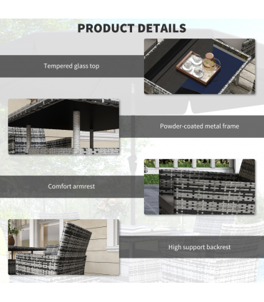 Outsunny 4 Seater Rattan Garden Furniture Set w/ Tempered Glass Tabletop - Grey