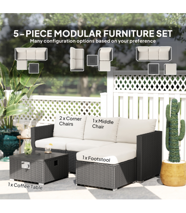 Outsunny 4 Seater Rattan Sofa Set with Footstool Thick Cushions Black Cream