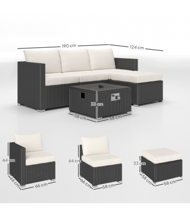 Outsunny 4 Seater Rattan Sofa Set with Footstool Thick Cushions Black Cream