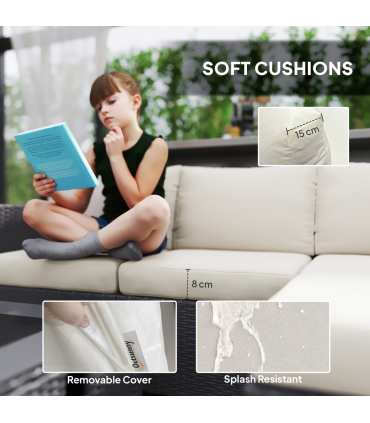 Outsunny 4 Seater Rattan Sofa Set with Footstool Thick Cushions Black Cream