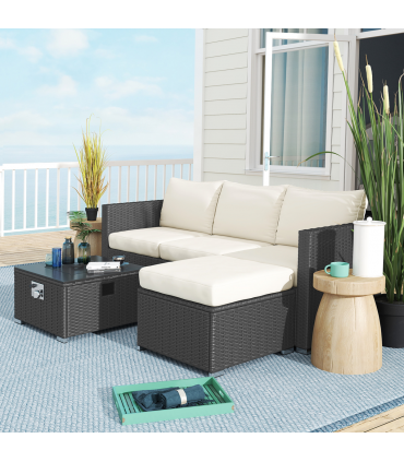 Outsunny 4 Seater Rattan Sofa Set with Footstool Thick Cushions Black Cream