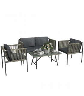 Outsunny 4 Seater Wicker Outdoor Furniture Set with Glass Coffee Table Grey