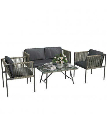 Outsunny 4 Seater Wicker Outdoor Furniture Set with Glass Coffee Table Grey