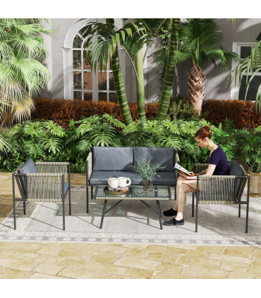 Outsunny 4 Seater Wicker Outdoor Furniture Set with Glass Coffee Table Grey