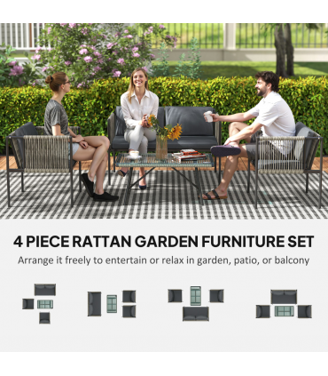 Outsunny 4 Seater Wicker Outdoor Furniture Set with Glass Coffee Table Grey