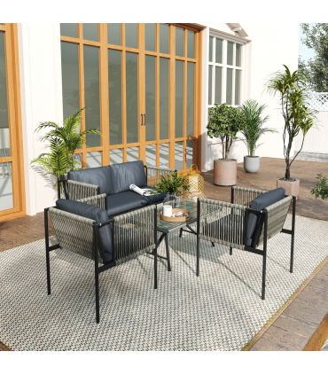 Outsunny 4 Seater Wicker Outdoor Furniture Set with Glass Coffee Table Grey