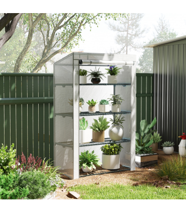 Outsunny 4 Tier Lean-to Mini Greenhouse with Reinforced PE Cover, Grey