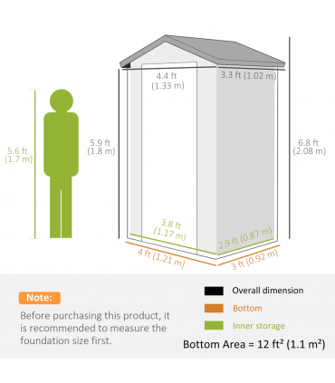 Outsunny 4 x 3ft Garden Shed Storage with Foundation Kit and Vents, Grey