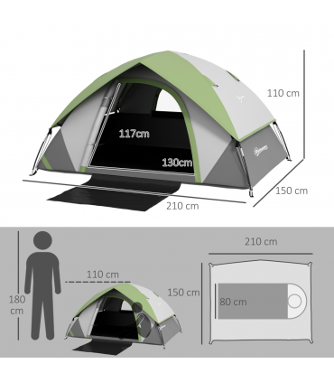 Outsunny 4-5 Man Camping Tent with Sewn-in Groundsheet, 3000mm Waterproof, Green