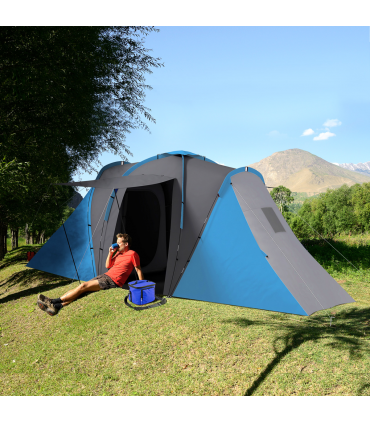 Outsunny 4-6 Man Camping Tent with 2 Bedroom and Living Area, Grey and Blue