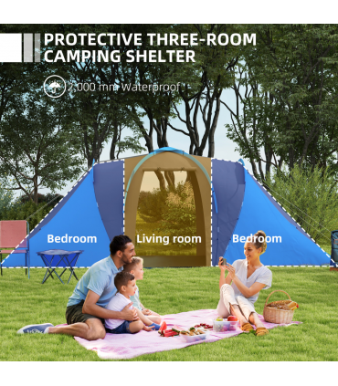 Outsunny 4-6 Man Camping Tent with 2 Bedroom and Living Area, Grey and Blue