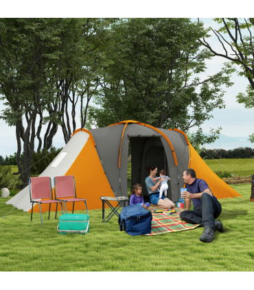 Outsunny 4-6 Man Camping Tent with 2 Bedroom and Living Area, Grey and Orange