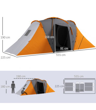 Outsunny 4-6 Man Camping Tent with 2 Bedroom and Living Area, Grey and Orange