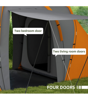 Outsunny 4-6 Man Camping Tent with 2 Bedroom and Living Area, Grey and Orange