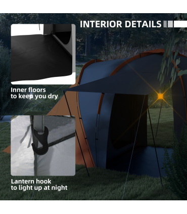 Outsunny 4-6 Man Camping Tent with 2 Bedroom and Living Area, Grey and Orange