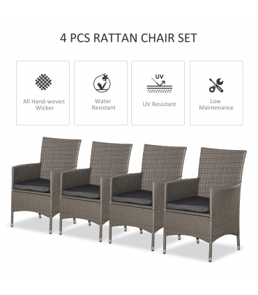 Outsunny 4PC Outdoor Rattan Armchair Wicker Dining Chair Set for Garden Grey