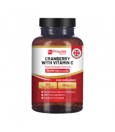 Triple Strength Cranberry 30,000mg Added with Vitamin C I 180 Vegan Tablets by Prowise