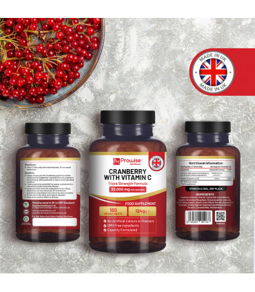 Triple Strength Cranberry 30,000mg Added with Vitamin C I 180 Vegan Tablets by Prowise