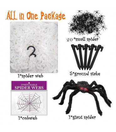 Giant Spider Web Halloween Decoration 5m with 20pcs Spiders and Large Spider