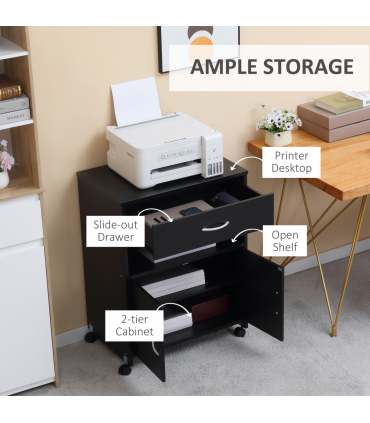 Mobile Printer Stand w/ Storage Shelf Universal Wheels for Home Black Vinsetto
