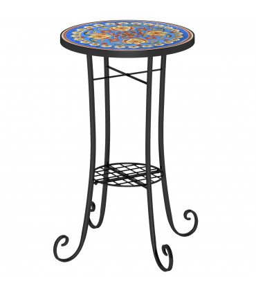 Outsunny 35.5cm Round Mosaic Garden Side Table Plant Stand w/ Shelf, Blue