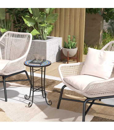 Outsunny 35.5cm Round Mosaic Garden Side Table Plant Stand w/ Shelf, Blue