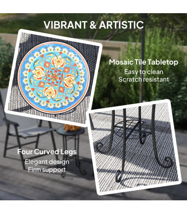 Outsunny 35.5cm Round Mosaic Garden Side Table Plant Stand w/ Shelf, Blue