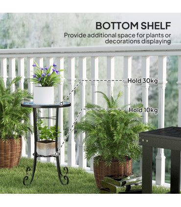 Outsunny 35.5cm Round Mosaic Garden Side Table Plant Stand w/ Shelf, Blue