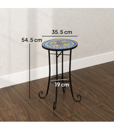 Outsunny 35.5cm Round Mosaic Garden Side Table Plant Stand w/ Shelf, Blue