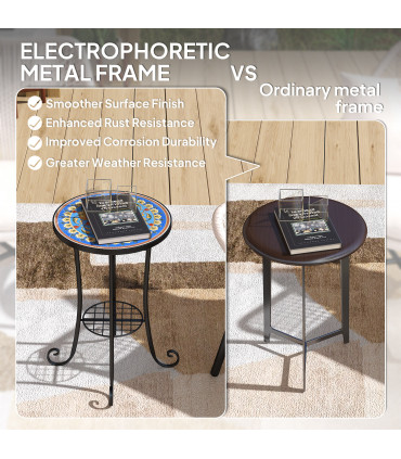 Outsunny 35.5cm Round Mosaic Garden Side Table Plant Stand w/ Shelf, Blue