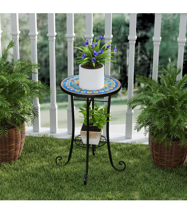 Outsunny 35.5cm Round Mosaic Garden Side Table Plant Stand w/ Shelf, Blue