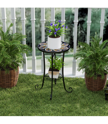 Outsunny 35.5cm Round Mosaic Garden Side Table Plant Stand w/ Shelf, Orange