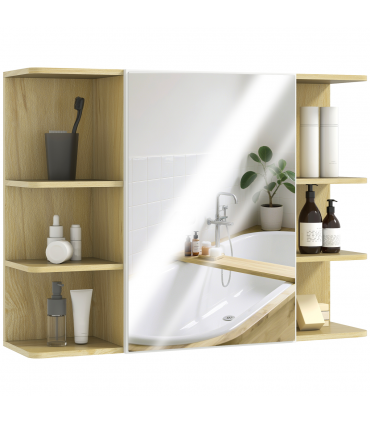 HOMCOM Bathroom Wall Cabinet with Mirror and Open Storage Shelves Natural