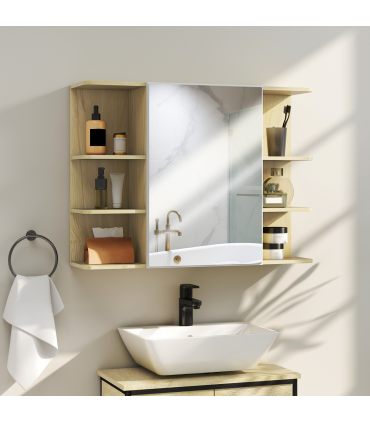 HOMCOM Bathroom Wall Cabinet with Mirror and Open Storage Shelves Natural
