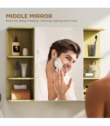 HOMCOM Bathroom Wall Cabinet with Mirror and Open Storage Shelves Natural