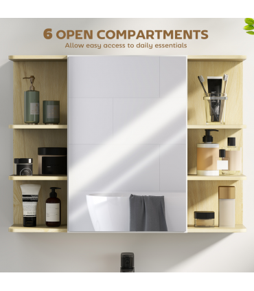 HOMCOM Bathroom Wall Cabinet with Mirror and Open Storage Shelves Natural