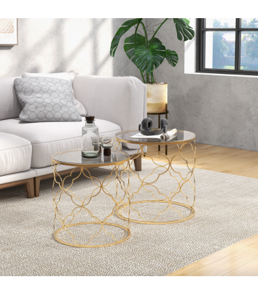HOMCOM Nesting Tables Set of 2, Side End Table with Glass Top, Gold Tone