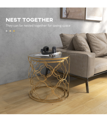 HOMCOM Nesting Tables Set of 2, Side End Table with Glass Top, Gold Tone