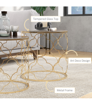 HOMCOM Nesting Tables Set of 2, Side End Table with Glass Top, Gold Tone