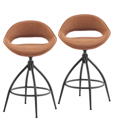 2pcs hollow backrest PU spray-coated bent iron feet bar stool brown with swivel